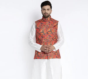 Kalyum Men's Orange & Multi Printed Nehru Jacket - Distacart
