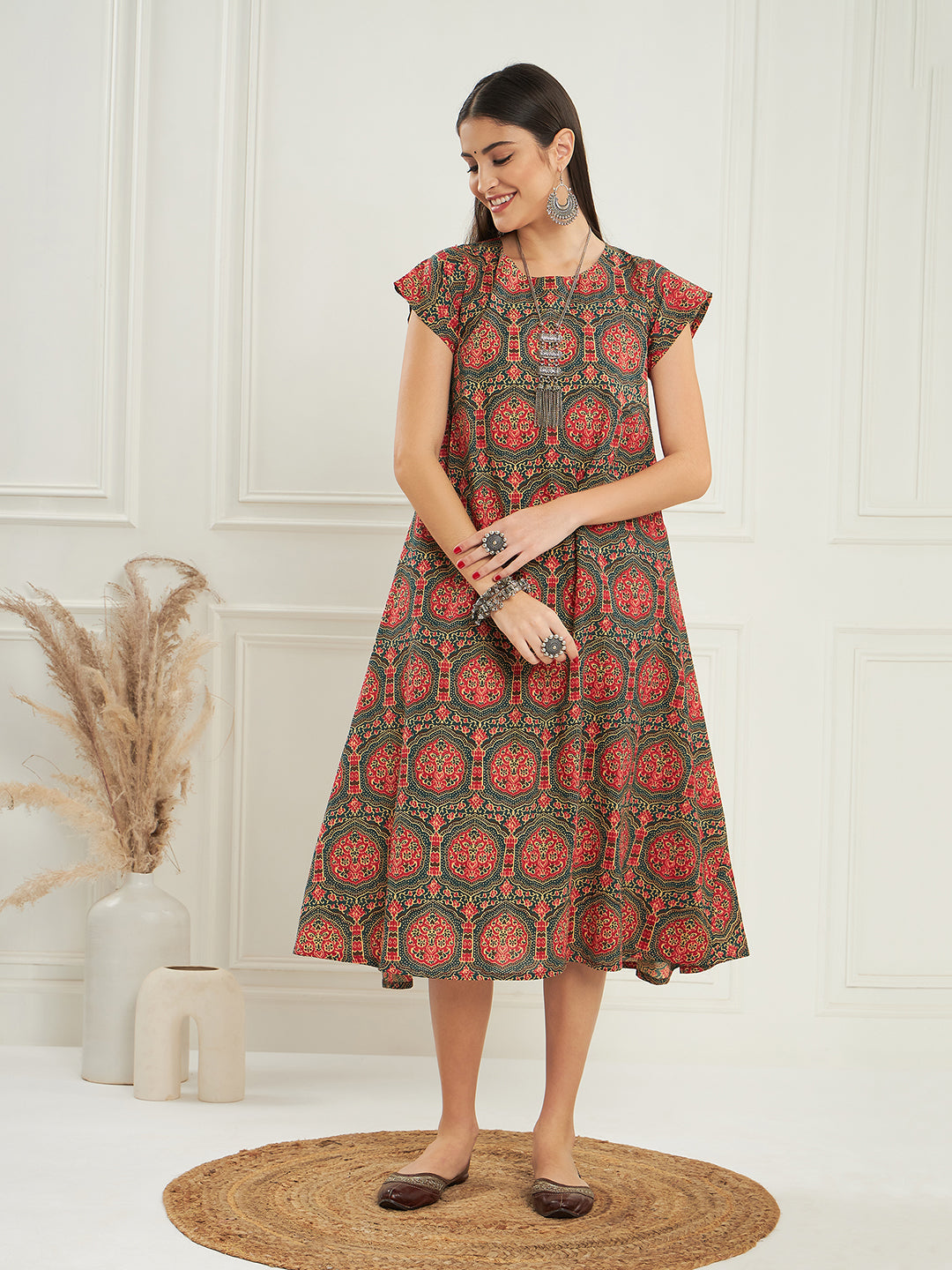 InWeave Women's Green Red Mughal Kalamkari A Line Dress - Distacart