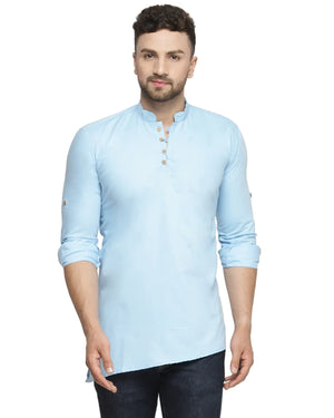 Kalyum Men's Cotton Blend Sky Blue Asymmetric Short Kurta - Distacart