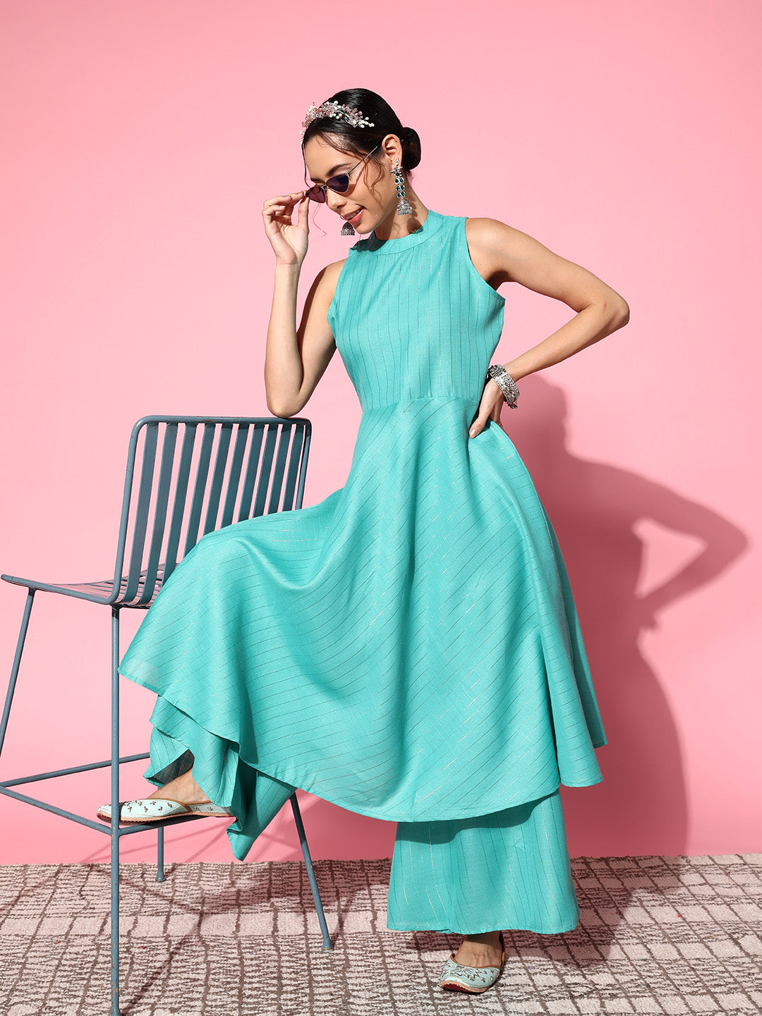 InWeave Women's Teal Lurex Boho Sleevless Kurta Set - Distacart