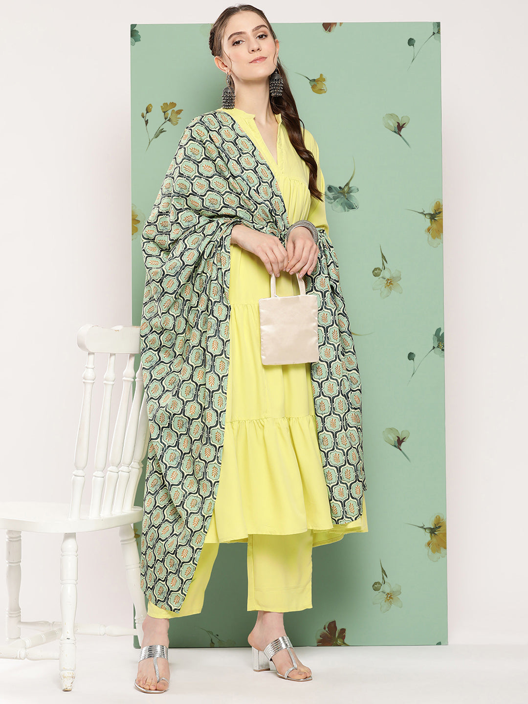 InWeave Women's Lime Green Flared Kurta Set W Green Print Cr Dupatta - Distacart