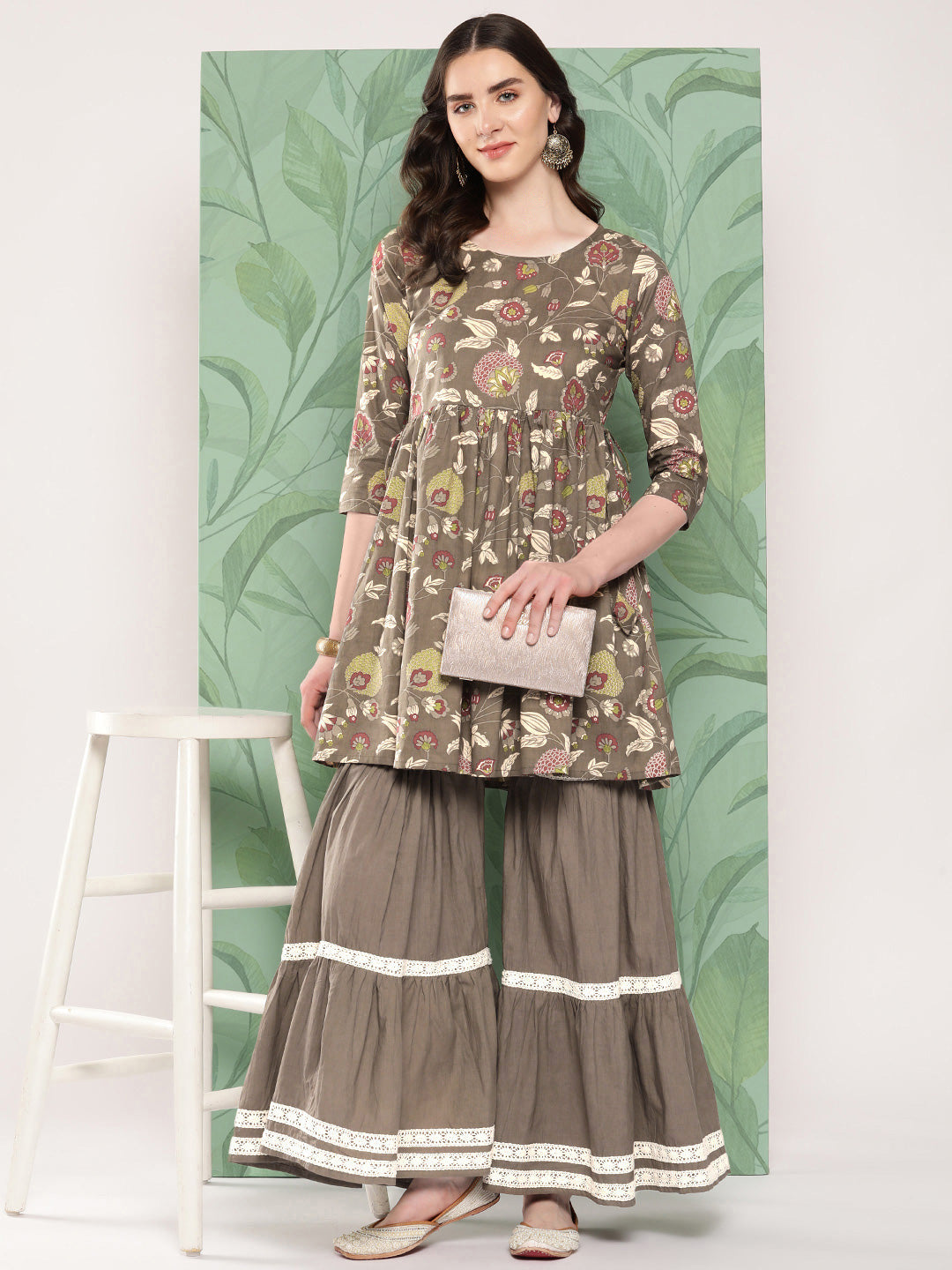 InWeave Women's Olive Shade Tropical Sharara Set - Distacart