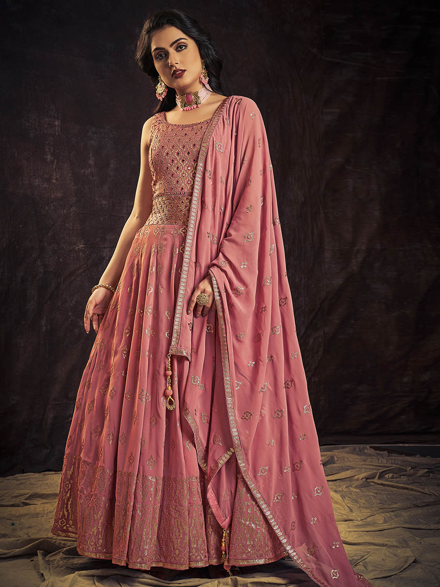 Myra Pink Real Georgette Designer Gown Style Suit - Distacart
