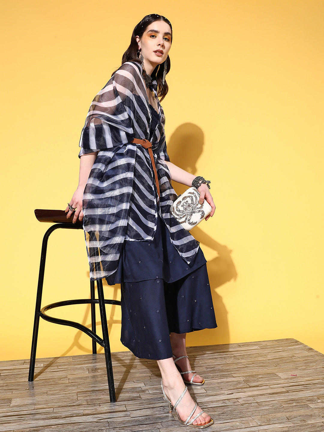 InWeave Women's Navy Mirror Work Off Shoulder Kurta Set With Dupatta - Distacart