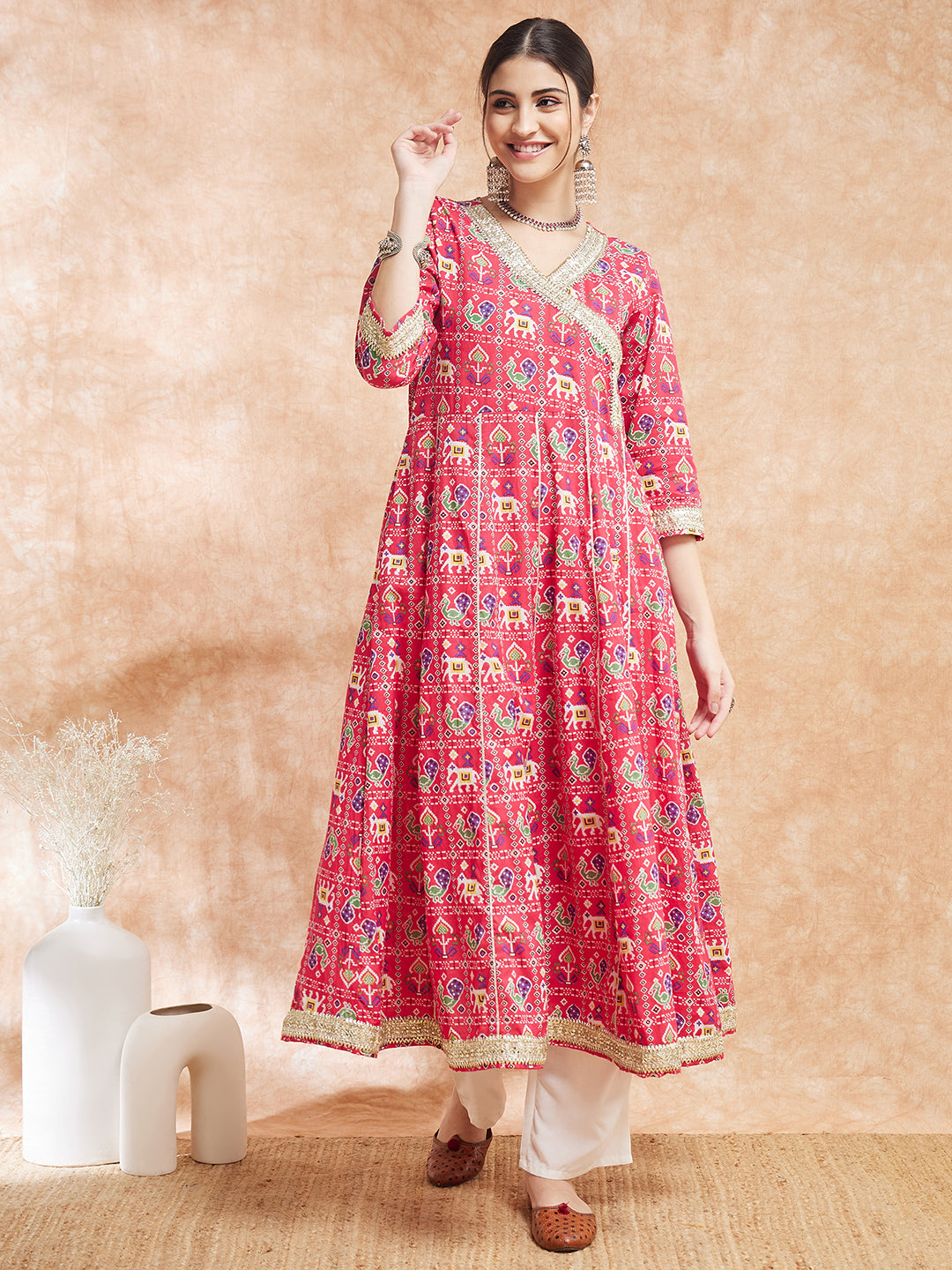 InWeave Women's Pink Patola Printed Gota Embroidered Anarkali Kurta - Distacart