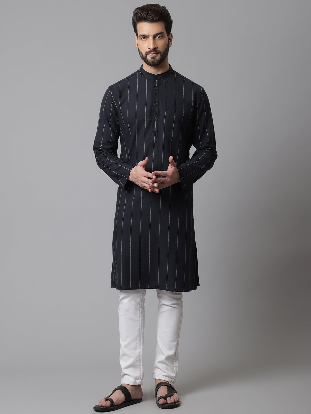 Even Apparels Black Pure Cotton Kurta With Band Collar - Distacart