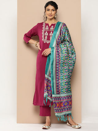KSUT (House of Varanga) Magenta Kurta With Dori And Zari Embroidered Yoke Paired With Organza Dupatta And Straight Trouser - Distacart