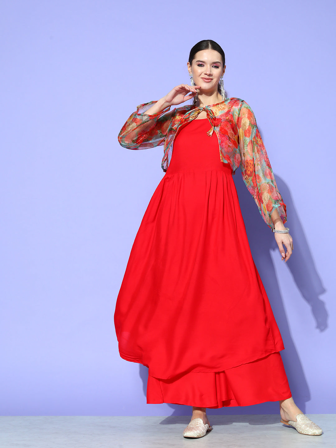 InWeave Women's Red Strappy Set With Green Floral Short Organza Cape - Distacart