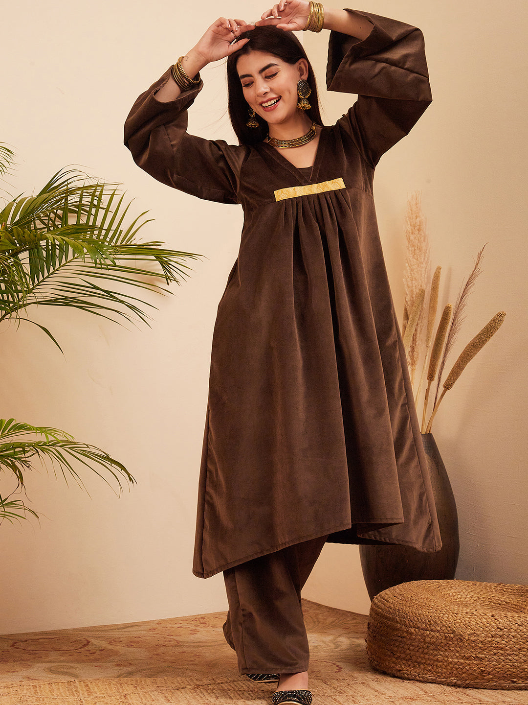InWeave Women's Brown V Neck Asymmetrical Pleated Velvet Kurta Set - Distacart