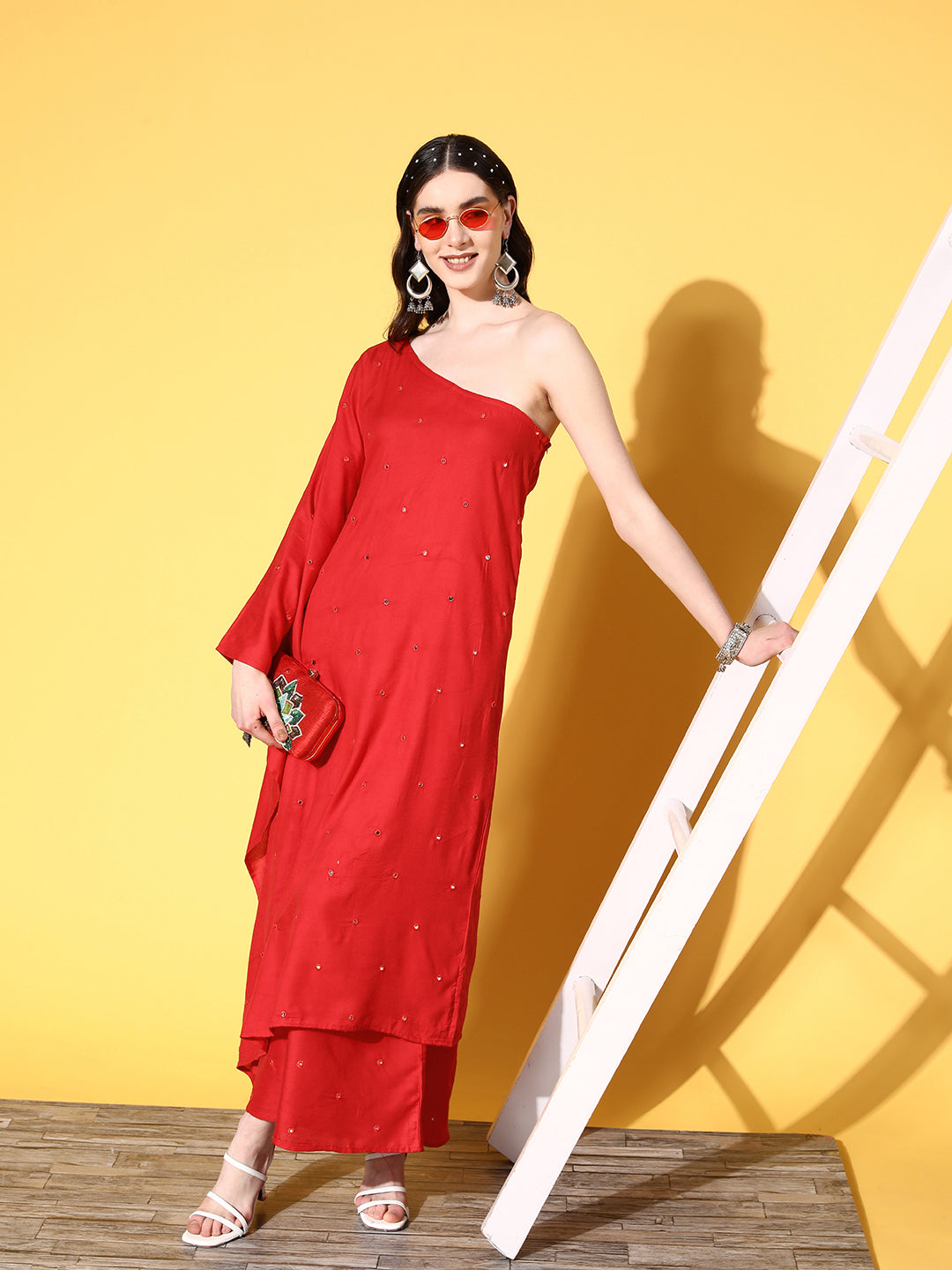 InWeave Women's Red Mirror Work One Shoulder Kurta Set - Distacart