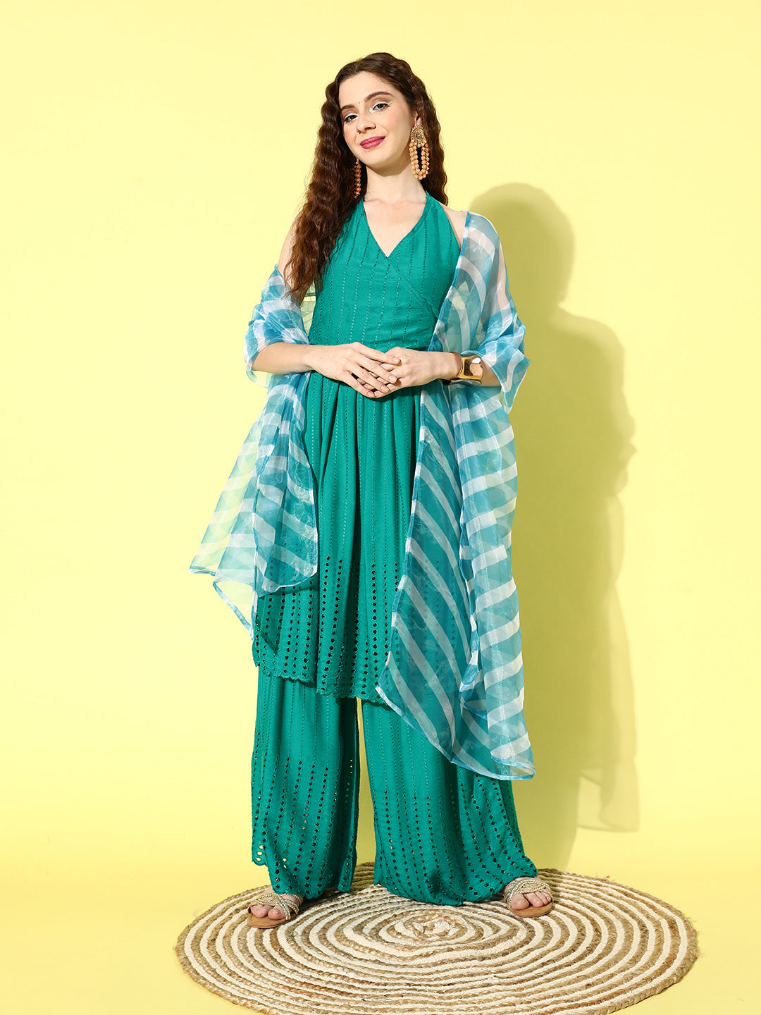 InWeave Women's Teal Lace Work Backless Kurta Sharara Set With Lehariya Dupatta - Distacart