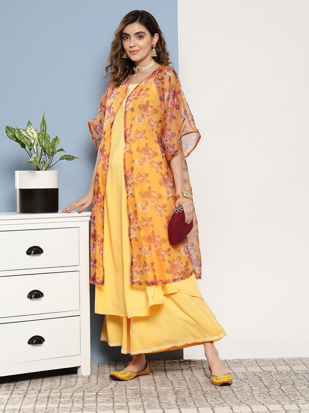 InWeave Women's Cassatta Yellow Cr Strappy Set With Mustard Brown Cape - Distacart