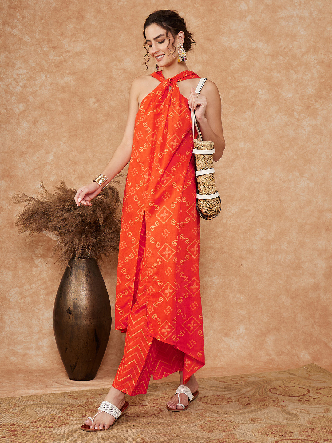 InWeave Women's Orange S Print Twisted Neckline Kurta Pant Set - Distacart