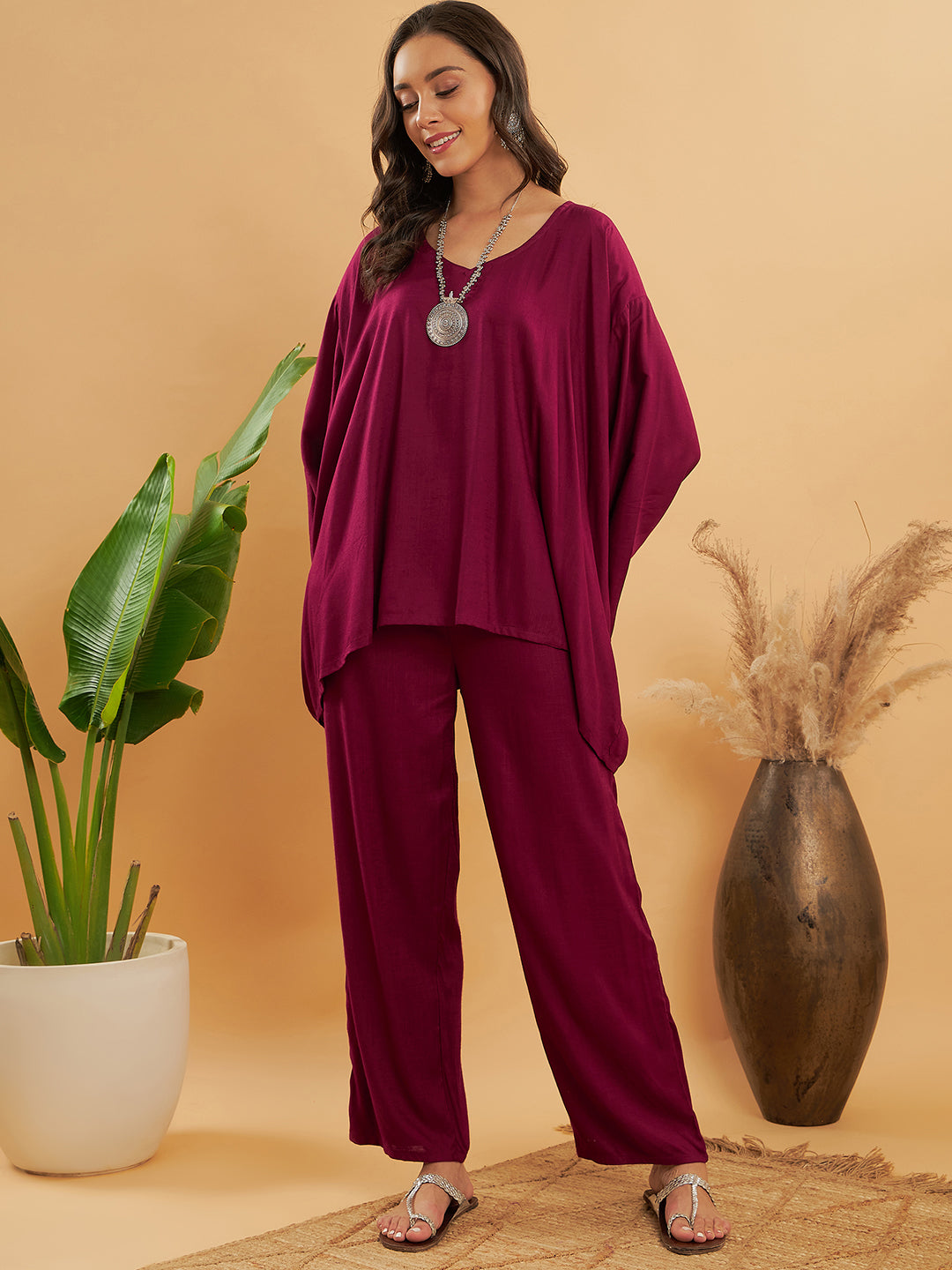 InWeave Women's Jam Wine Solid Boho Full Sleeve Coord Set - Distacart