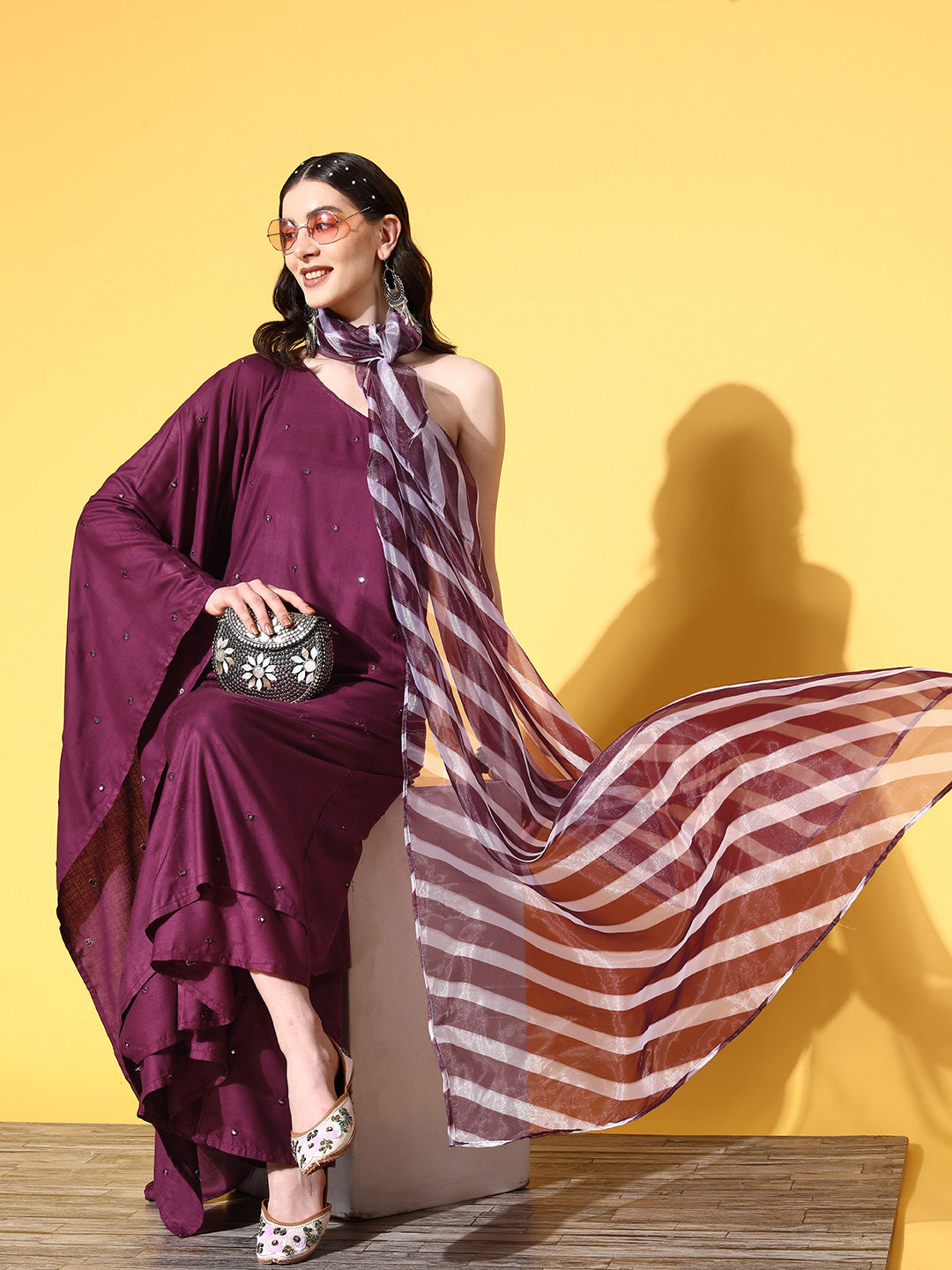 InWeave Women's Wine Mirror Work One Shoulder Kurta Set With Dupatta - Distacart