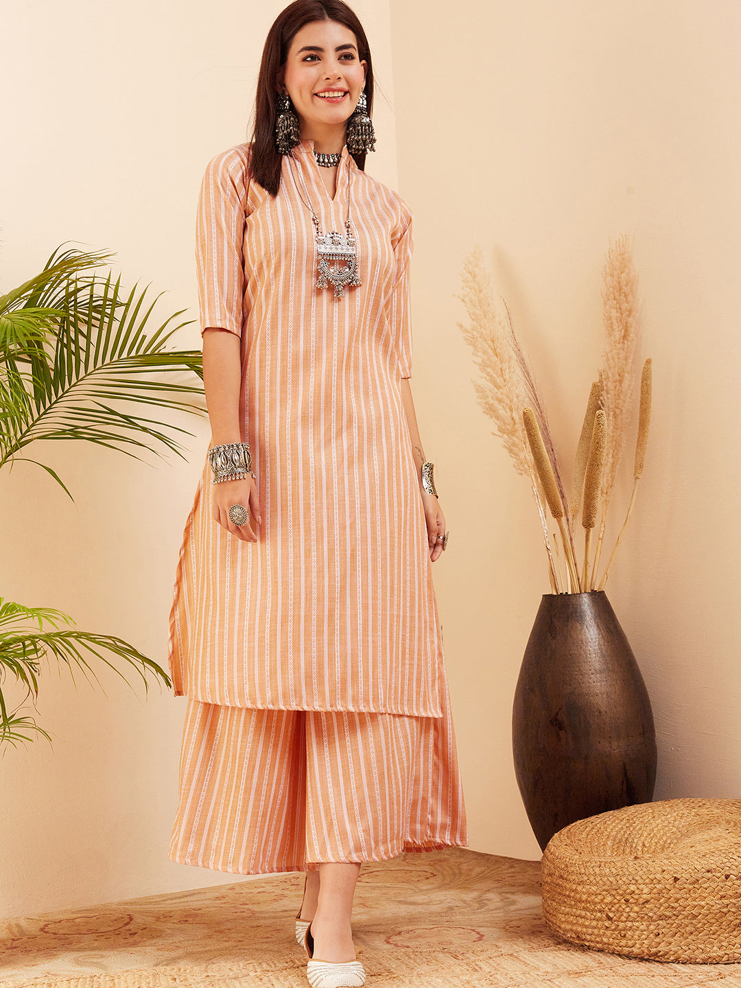 InWeave Women's Light Mustard Lurex Kantha Mandarin Neck Kurta Palazzo Set - Distacart