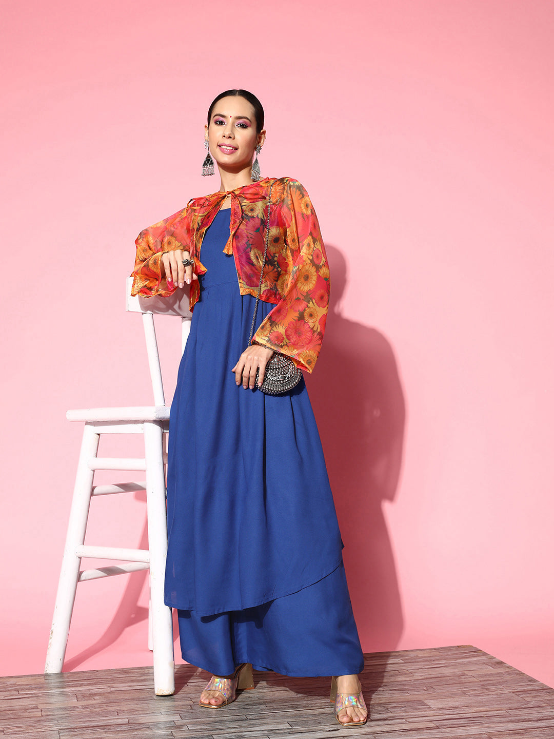 InWeave Women's Ink Blue Strappy Set With Pink Mustard Print Short Organza Cape - Distacart
