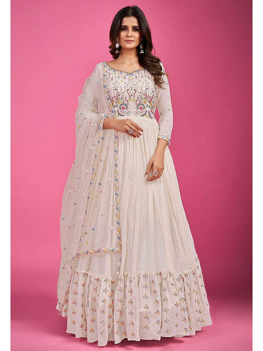 Myra White Pure Georgette Embroidered Gown - Distacart