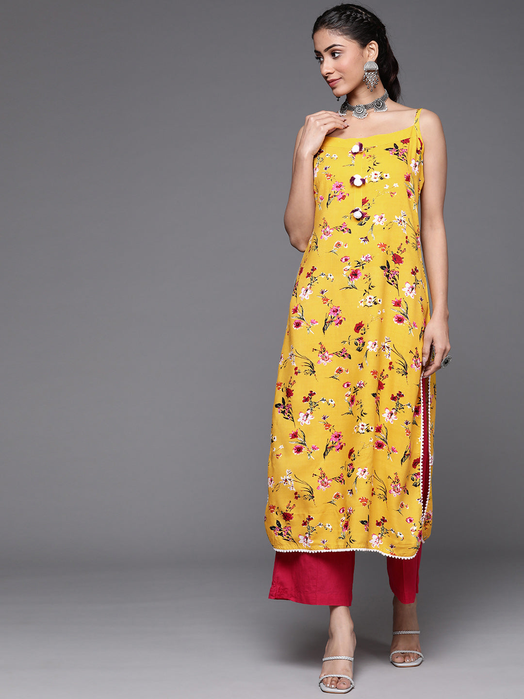 Varanga Mustard And Pink Printed Strap Kurta - Distacart