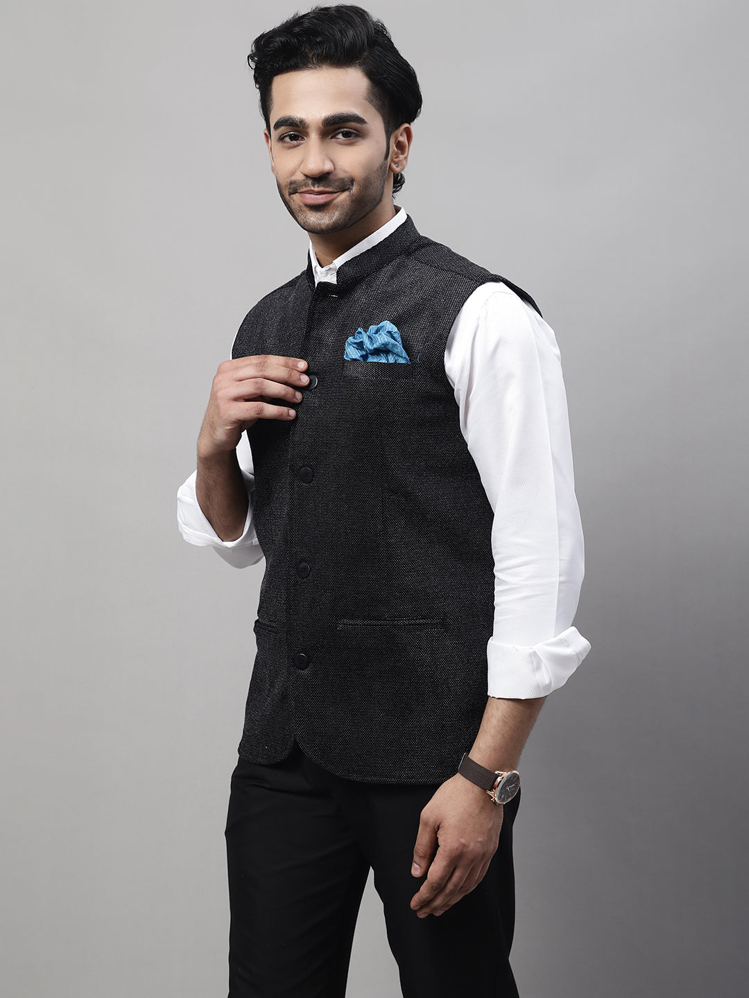 Even Apparels Men's Black Nehru Jacket With Welt Pockets - Distacart