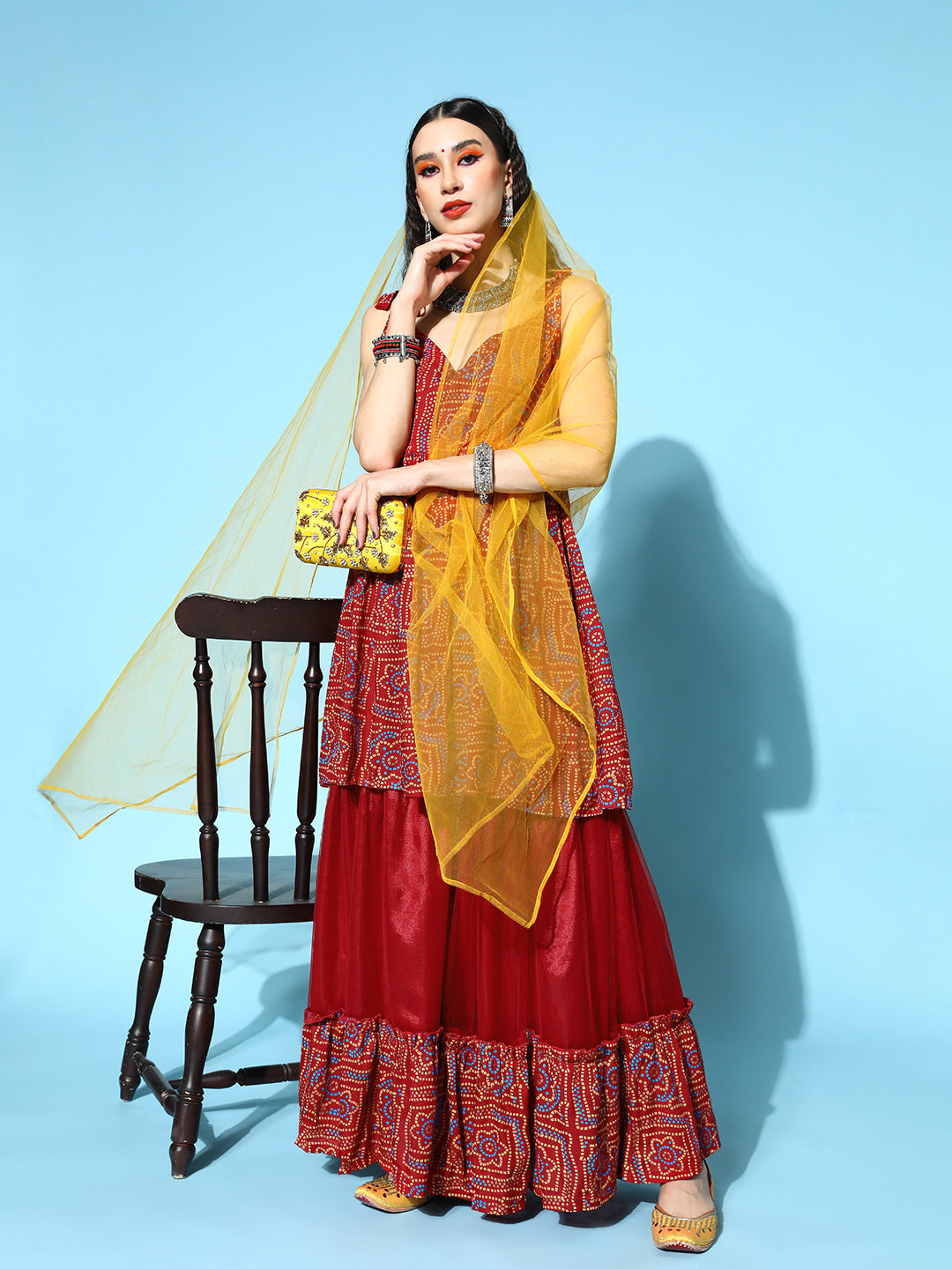 InWeave Women's Maroon Bandhani Net Sharara Set With Dupatta - Distacart