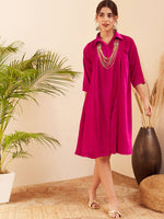 Thumbnail for InWeave Women's Fuchsia Velvet Collared Neck Flared Midi Dress - Distacart