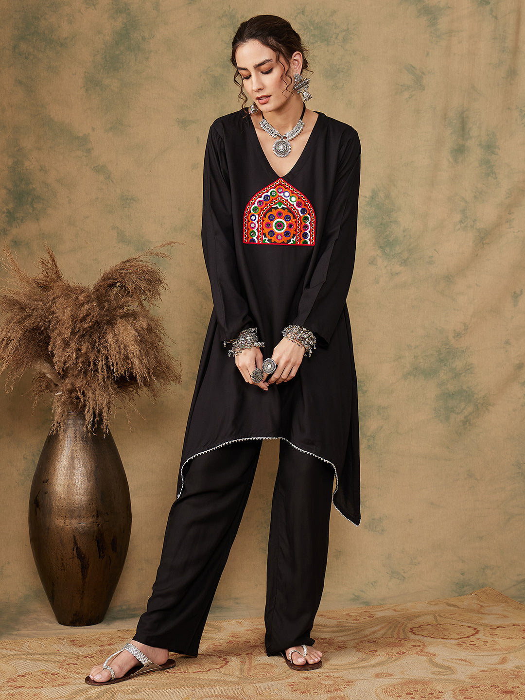 InWeave Women's Black Trangle Maroon Patch Work Assymentrical Kurta Set - Distacart