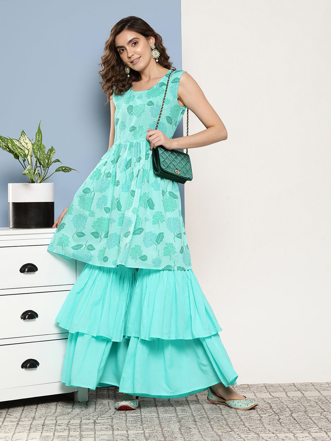 InWeave Women's Turquoise Printed Chintz Tiered Sharara Set - Distacart