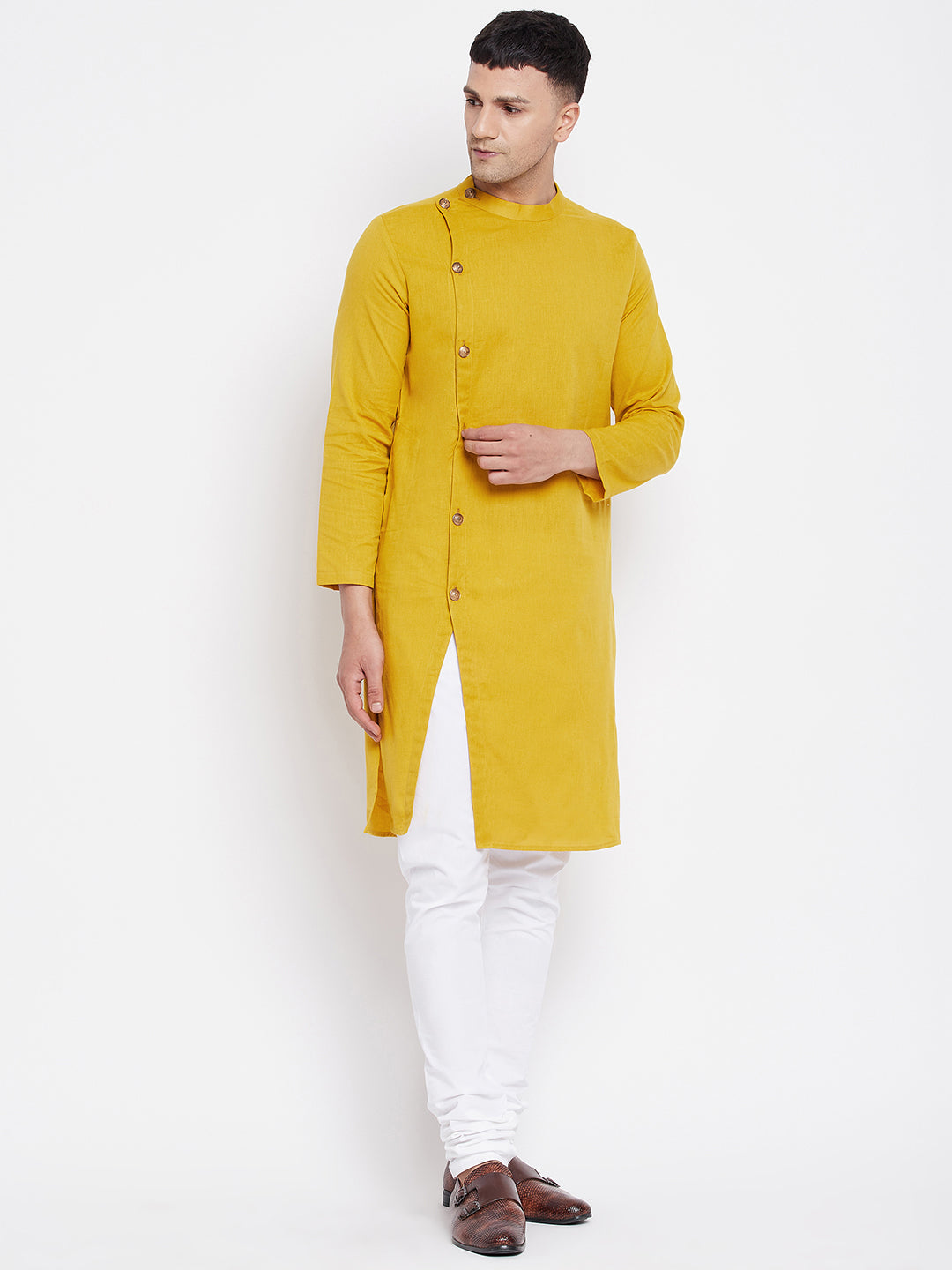 Even Apparels Yellow Pure Cotton Kurta With Band Collar - Distacart