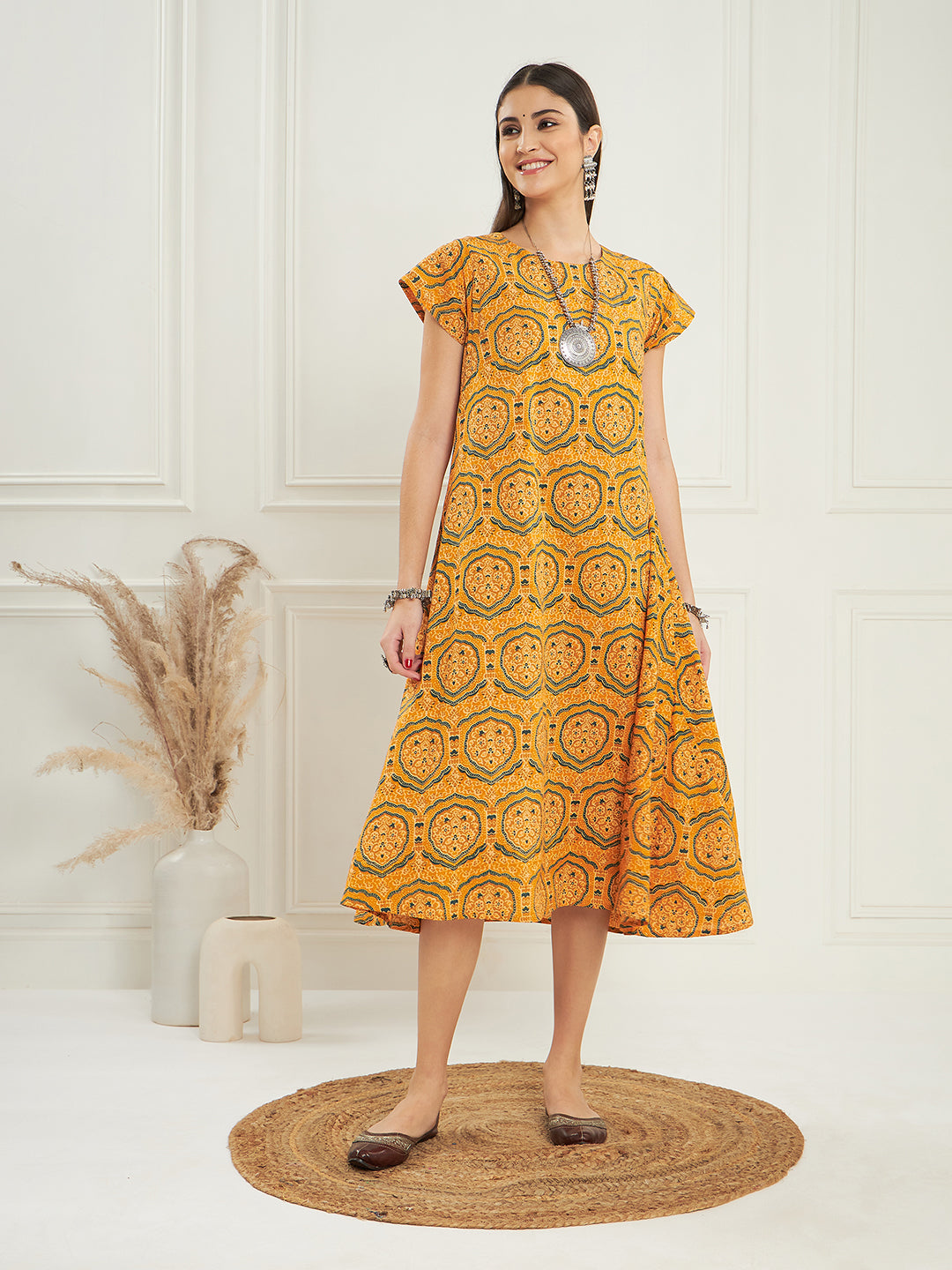 InWeave Women's Haldi Yellow Mughal Kalamkari A Line Dress - Distacart