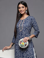 Thumbnail for Varanga Blue Bandhani Print Embroidered Kurta Has Round Neck - Distacart