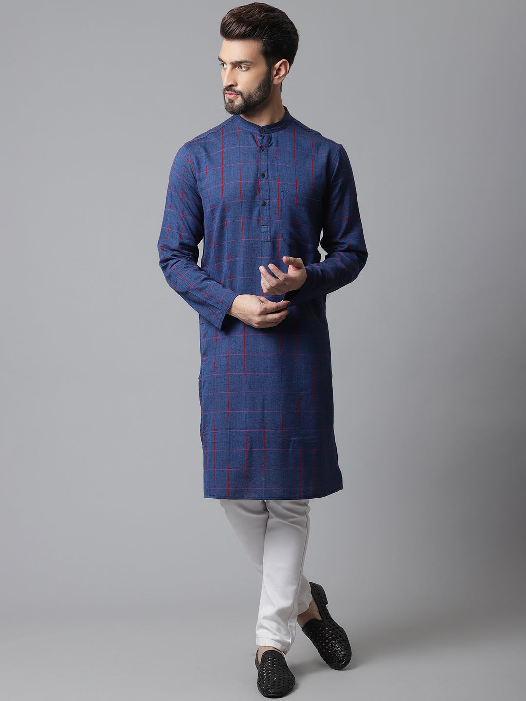 Even Apparels Blue Long Kurta With Band Collar - Distacart