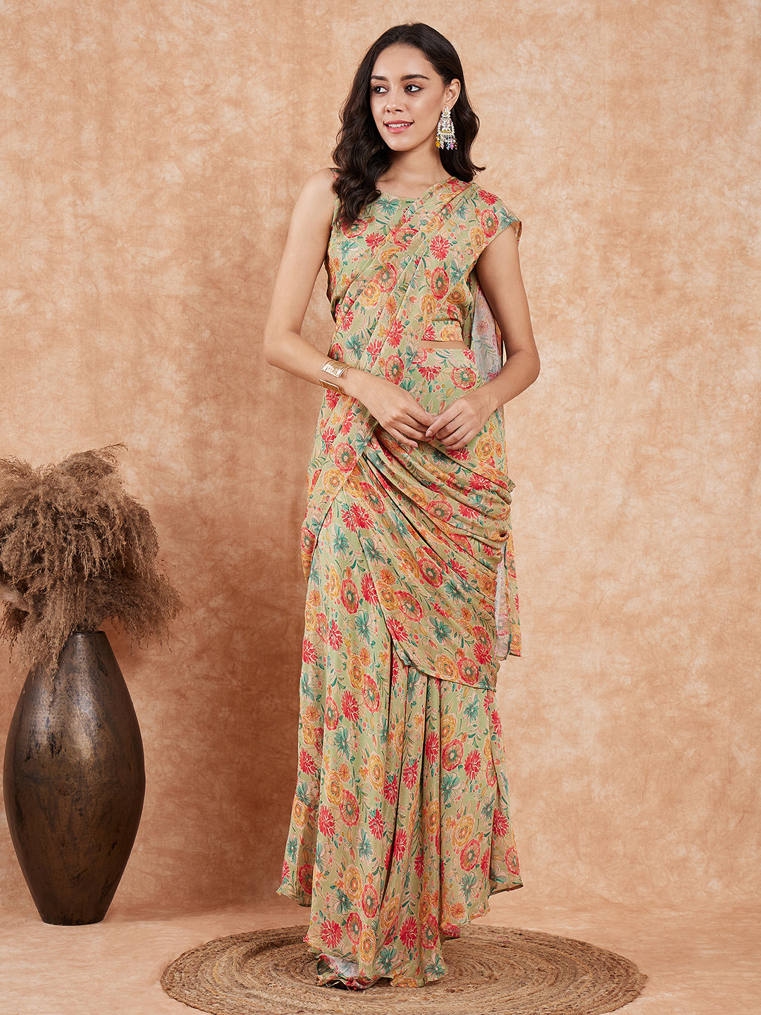 InWeave Women's Pear Green Red Floral Skirt Saree - Distacart