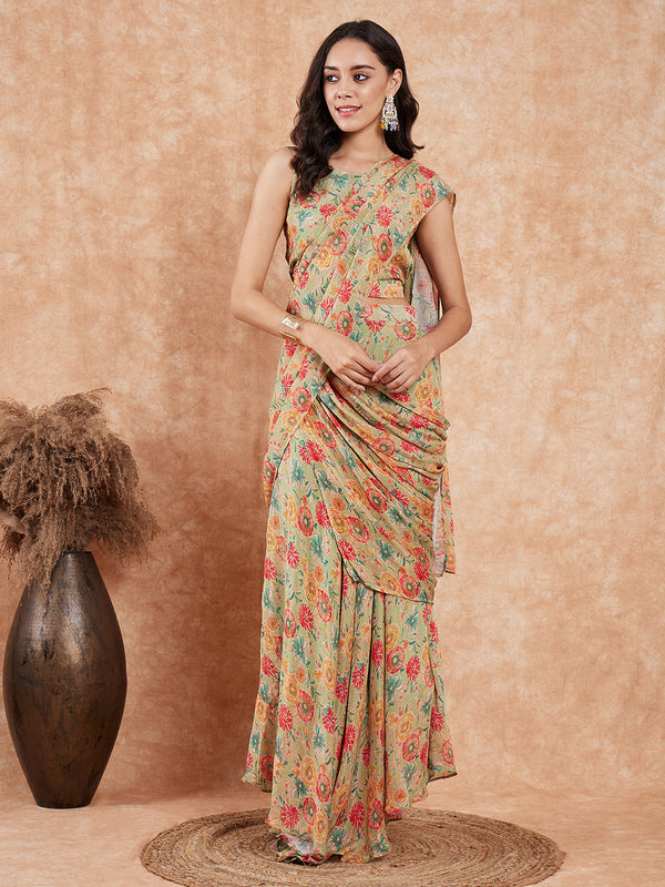 InWeave Women's Pear Green Red Floral Skirt Saree - Distacart