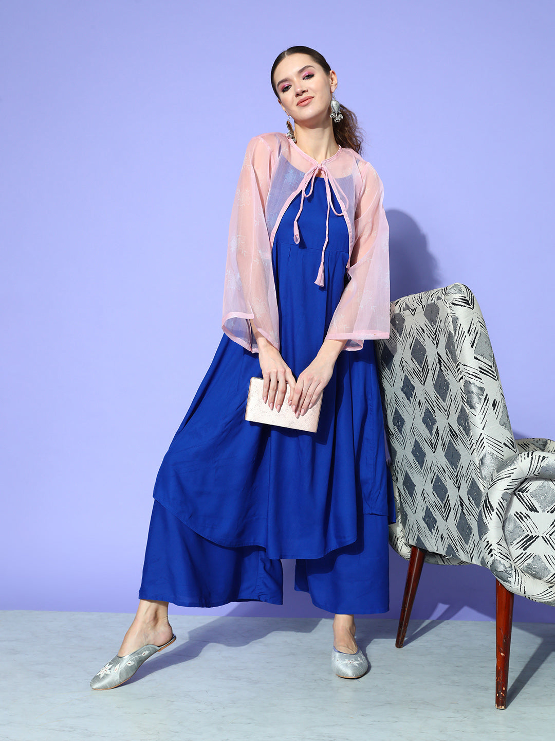 InWeave Women's Ink Blue Strappy Set With Pink Chintz Print Short Organza Cape - Distacart