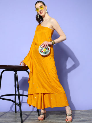 InWeave Women's Mustard Mirror Work One Shoulder Kurta Set - Distacart
