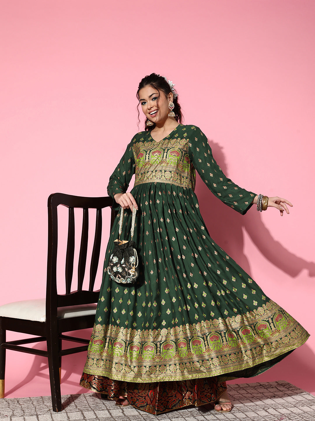 InWeave Women's Bottle Green Gold Border Anarkali Kurta - Distacart