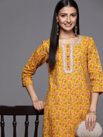 Thumbnail for Varanga Mustard Floral Printed Kurta With Embroidered Neckline - Distacart