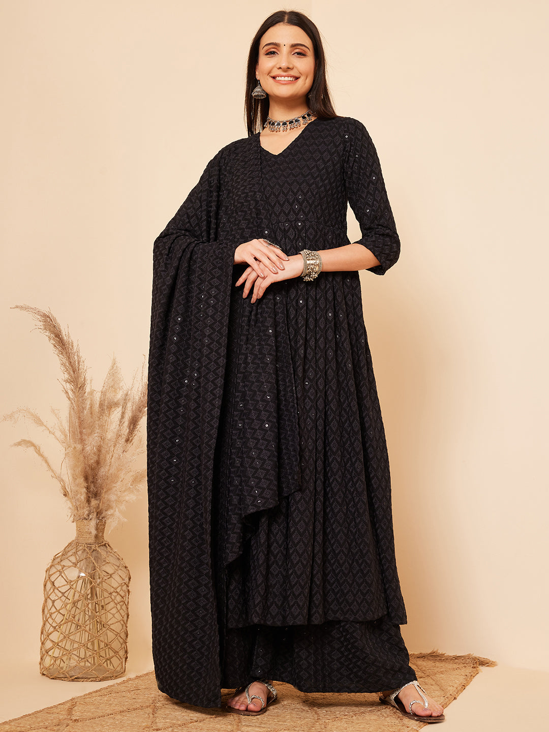 InWeave Women's Black Chikankari Long Anarkali Kurta Sharara Set W Dupatta - Distacart