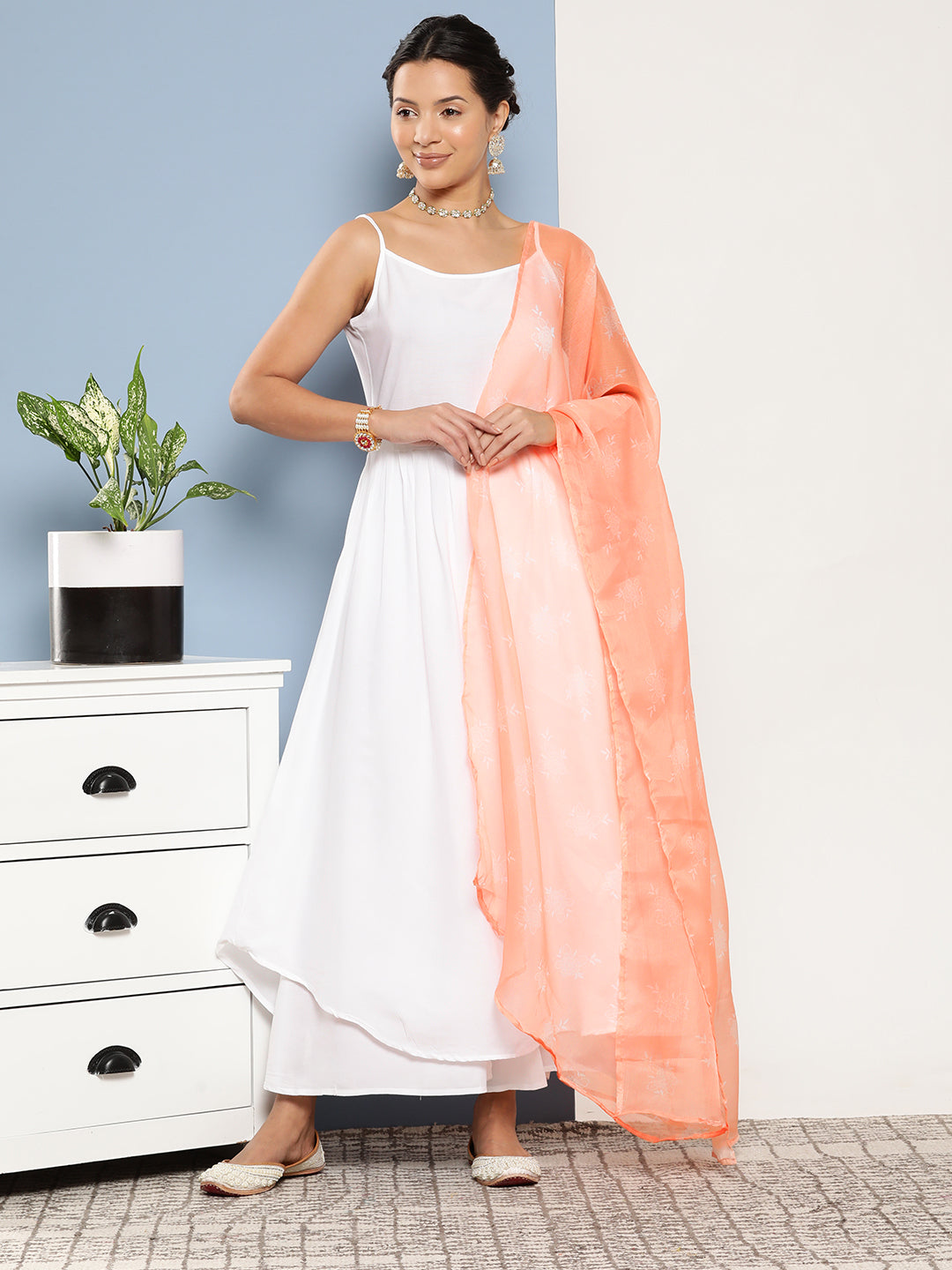 InWeave Women's Cream Strappy With Peach White Chintz Organza Dupatta - Distacart