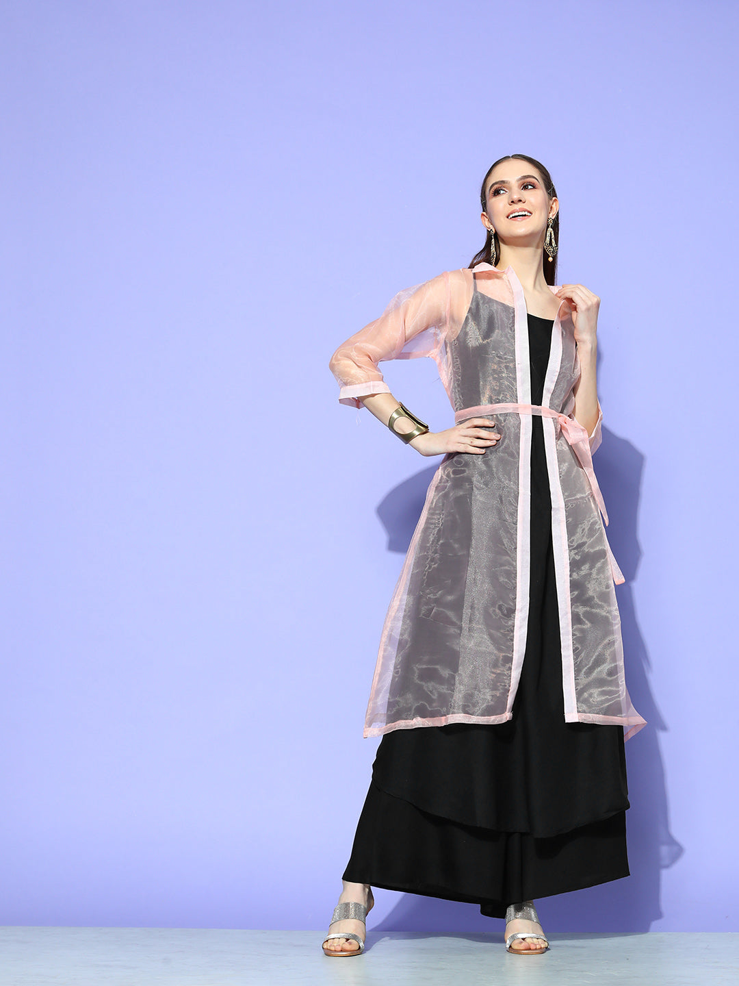 InWeave Women's Black Strappy Kurta Set With Peach Organza Cape - Distacart