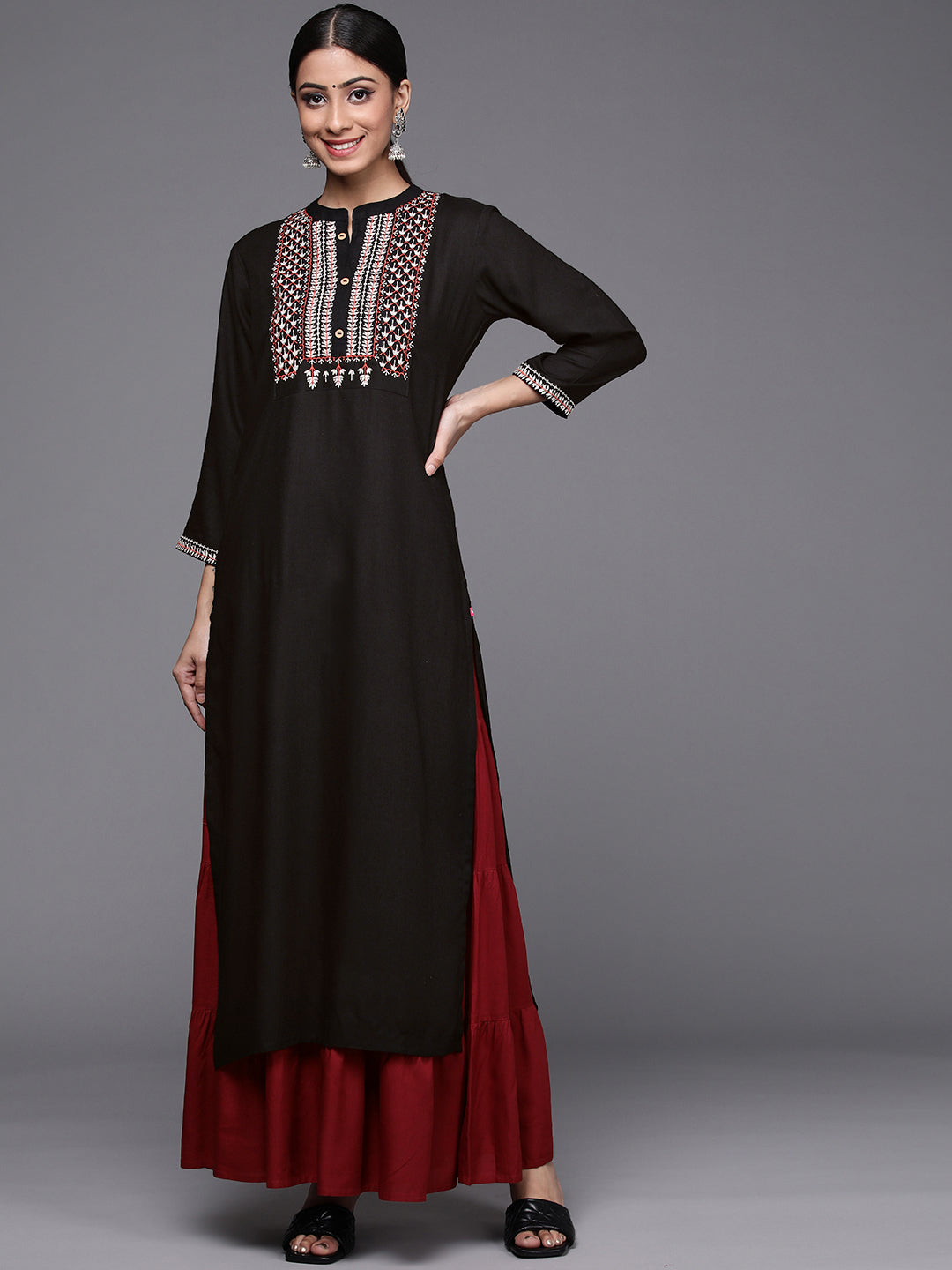 Varanga Women Black & Off White Ethnic Motifs Embroidered Yoke Design Kurta - Distacart