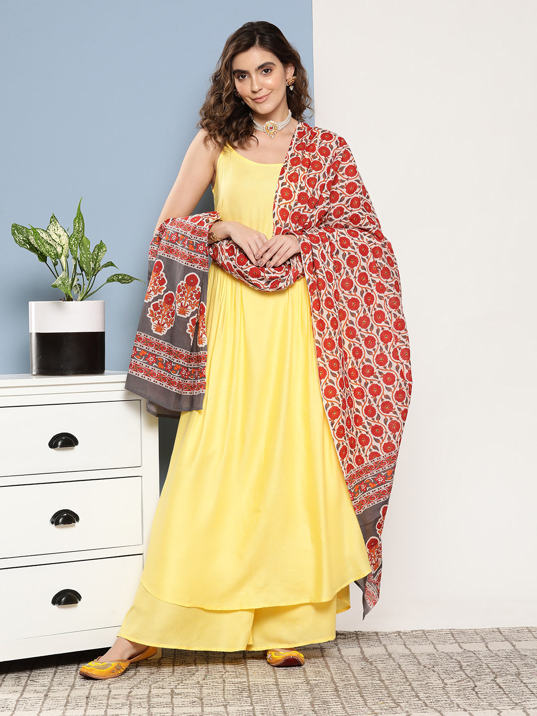 InWeave Women's Light Yellow Ray Strappy Set With Orange Floral Cotton Dupatta - Distacart