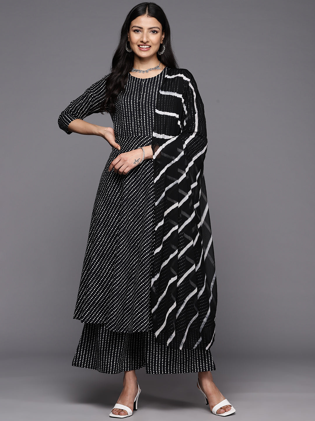 KSUT (House of Varanga) Black And White Cotton Printed Anarkali Kurta Paired With Palazzo And Chiffon Dupatta - Distacart
