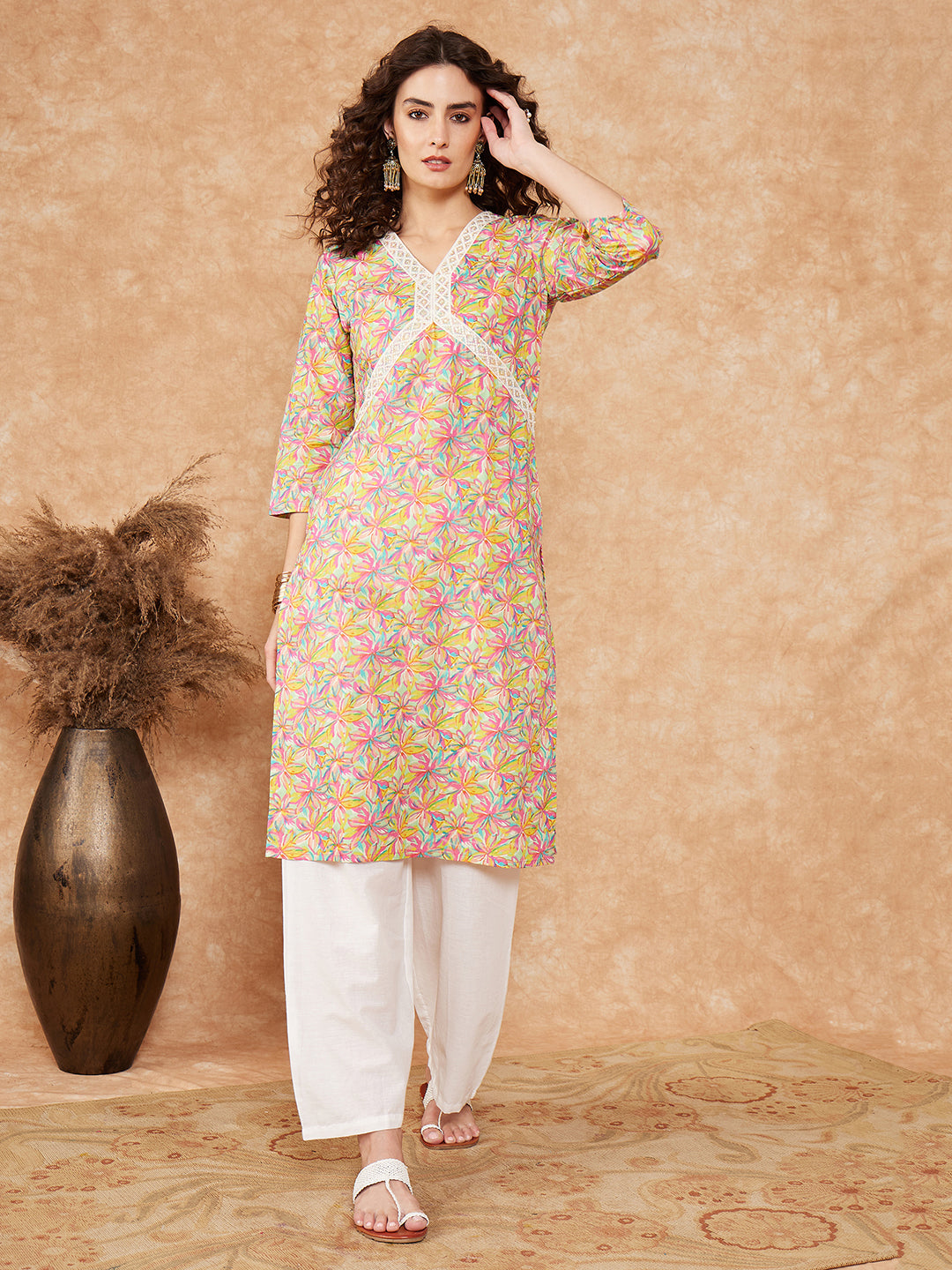 InWeave Women's Multi Floral Painted Alia Lace Work Straight Kurta - Distacart