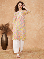 Thumbnail for InWeave Women's Multi Floral Painted Alia Lace Work Straight Kurta - Distacart