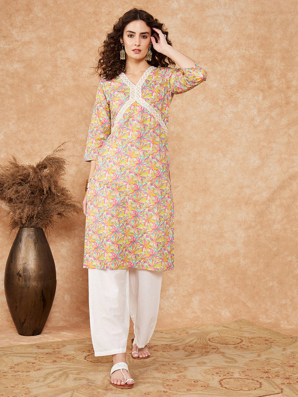 InWeave Women's Multi Floral Painted Alia Lace Work Straight Kurta - Distacart