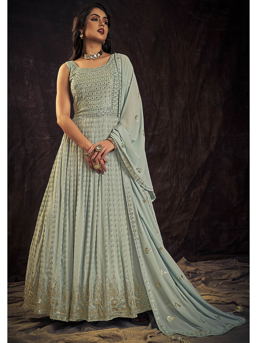 Myra Light Blue Real Georgette Designer Gown Style Suit - Distacart