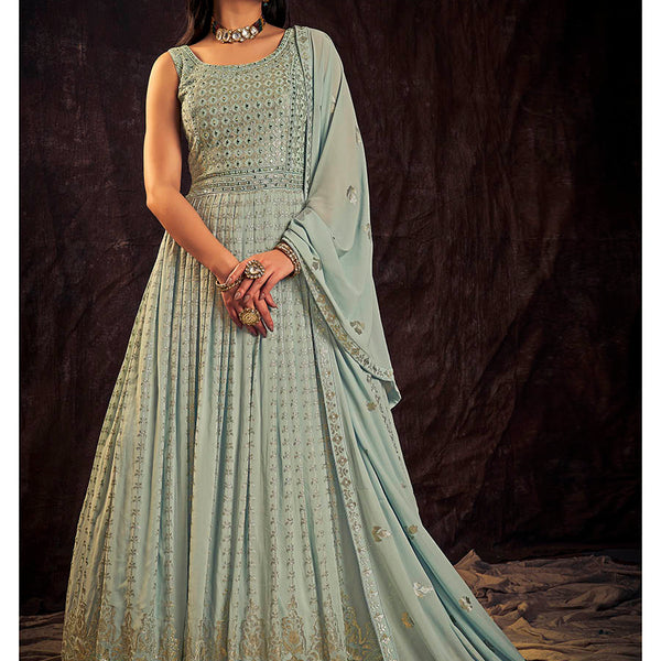 Myra Light Blue Real Georgette Designer Gown Style Suit - Distacart