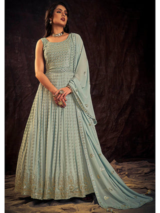 Myra Light Blue Real Georgette Designer Gown Style Suit - Distacart